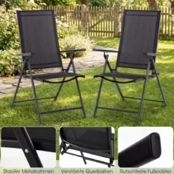 2er-Set Gartenstühle klappbarer Balkonstuhl mit 5-fach verstellbarer Rückenlehne & Armlehnen Schwarz