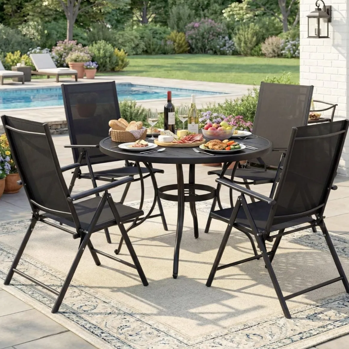 2er-Set Gartenstühle klappbarer Balkonstuhl mit 5-fach verstellbarer Rückenlehne & Armlehnen Schwarz