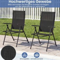 2er-Set Gartenstühle klappbarer Balkonstuhl mit 5-fach verstellbarer Rückenlehne & Armlehnen Schwarz