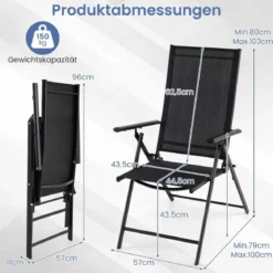 2er-Set Gartenstühle klappbarer Balkonstuhl mit 5-fach verstellbarer Rückenlehne & Armlehnen Schwarz