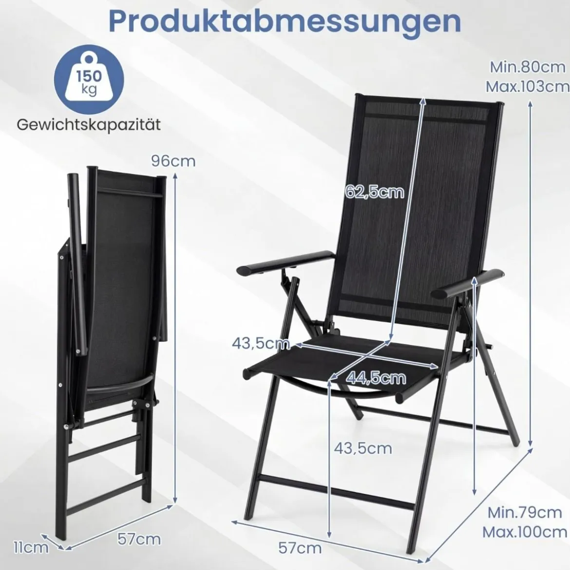 2er-Set Gartenstühle klappbarer Balkonstuhl mit 5-fach verstellbarer Rückenlehne & Armlehnen Schwarz