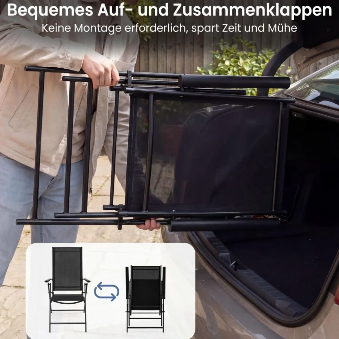 2er-Set Gartenstühle klappbarer Balkonstuhl mit 5-fach verstellbarer Rückenlehne & Armlehnen Schwarz
