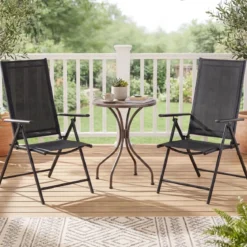 2er-Set Gartenstühle klappbarer Balkonstuhl mit 5-fach verstellbarer Rückenlehne & Armlehnen Schwarz