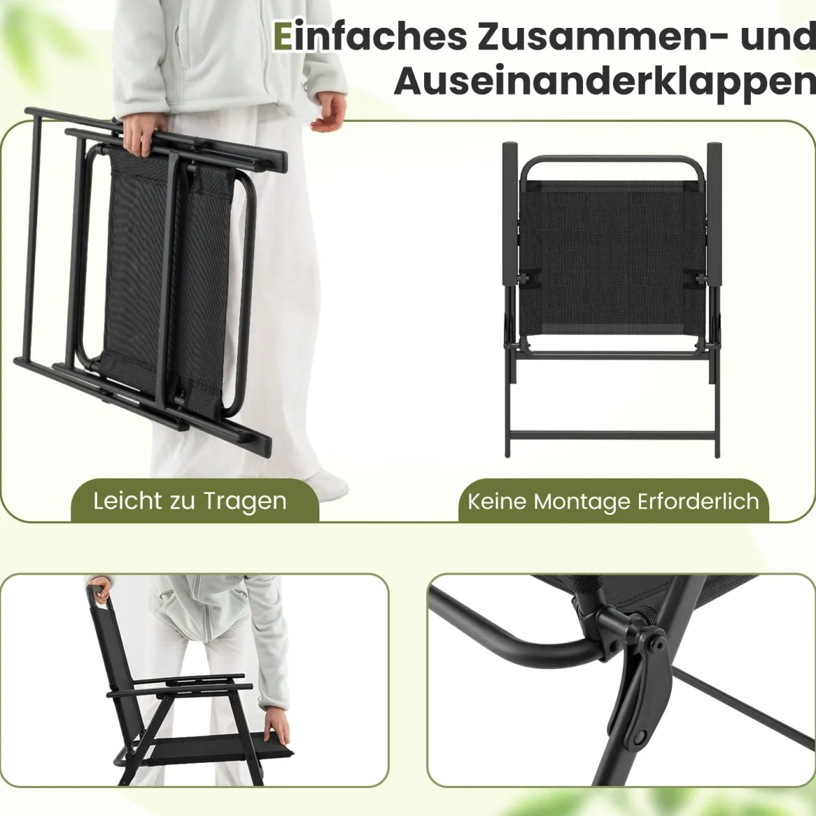 2er Set Gartenstühle klappbar Klappstühle Balkonstühle mit Armlehnen Schwarz