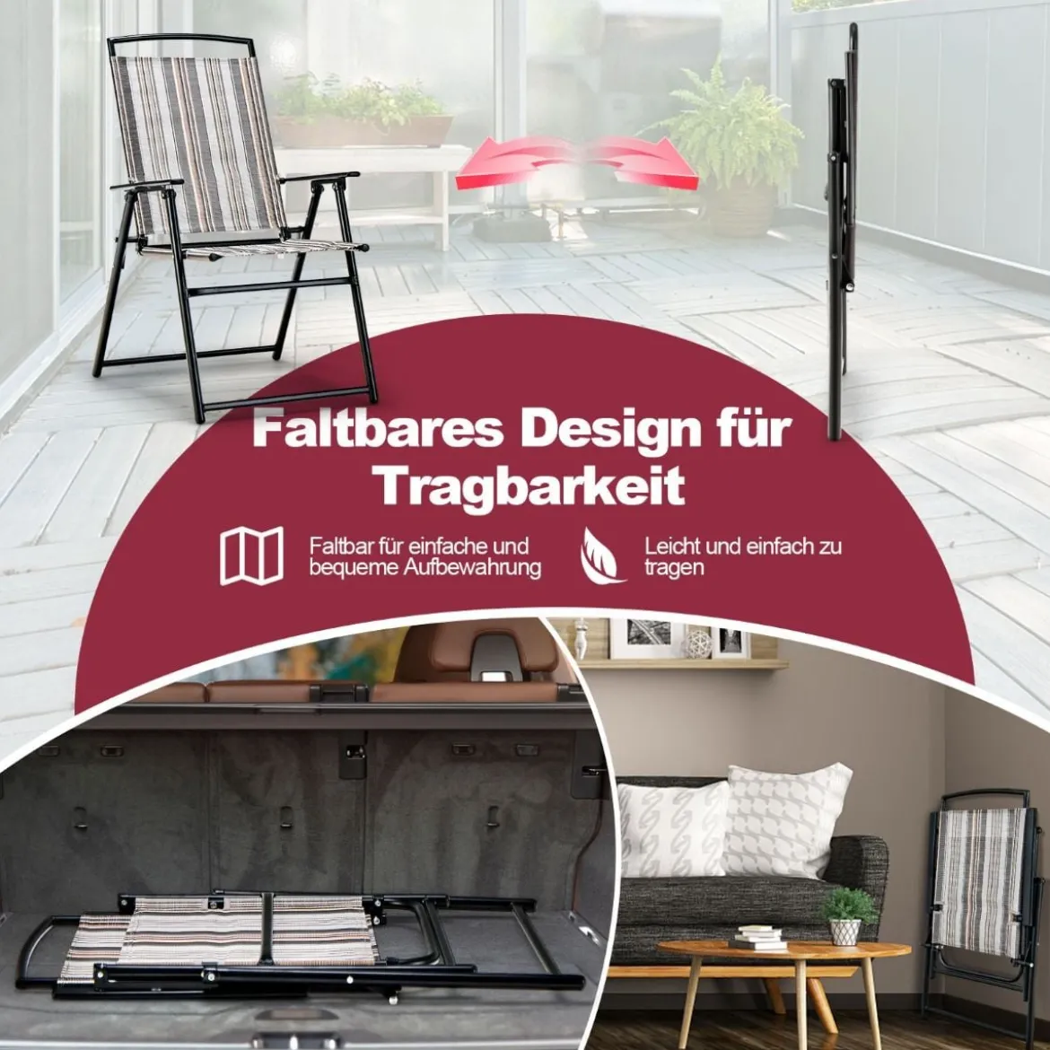 2er Set Gartenstühle Klappstühle mit Armlehnen 51 x 61,5 x 92 cm Grau