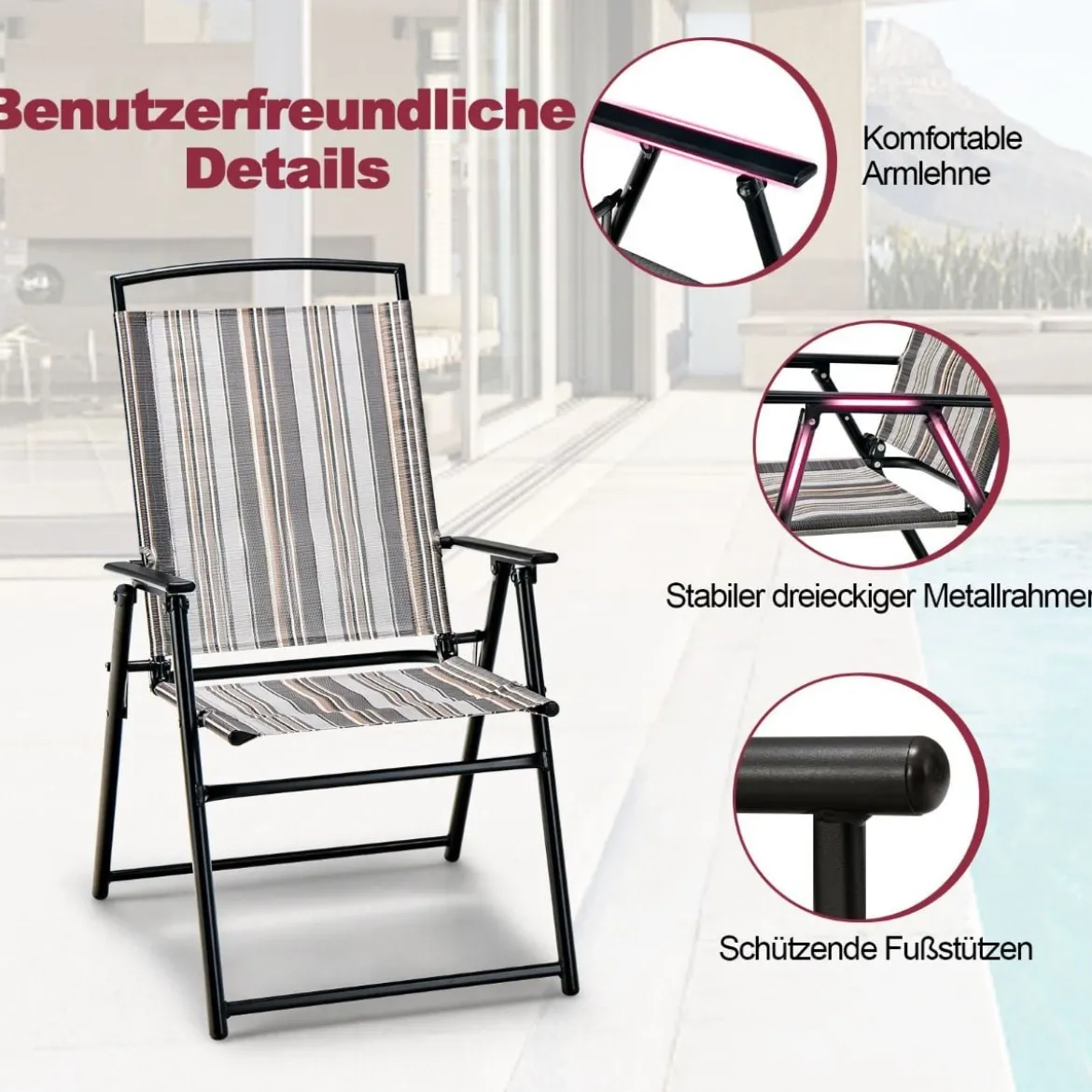 2er Set Gartenstühle Klappstühle mit Armlehnen 51 x 61,5 x 92 cm Grau