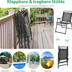 4er Set Gartenstühle mit Armlehnen & Rückenlehne & Atmungsaktivem Sitz Klappstühle Schwarz