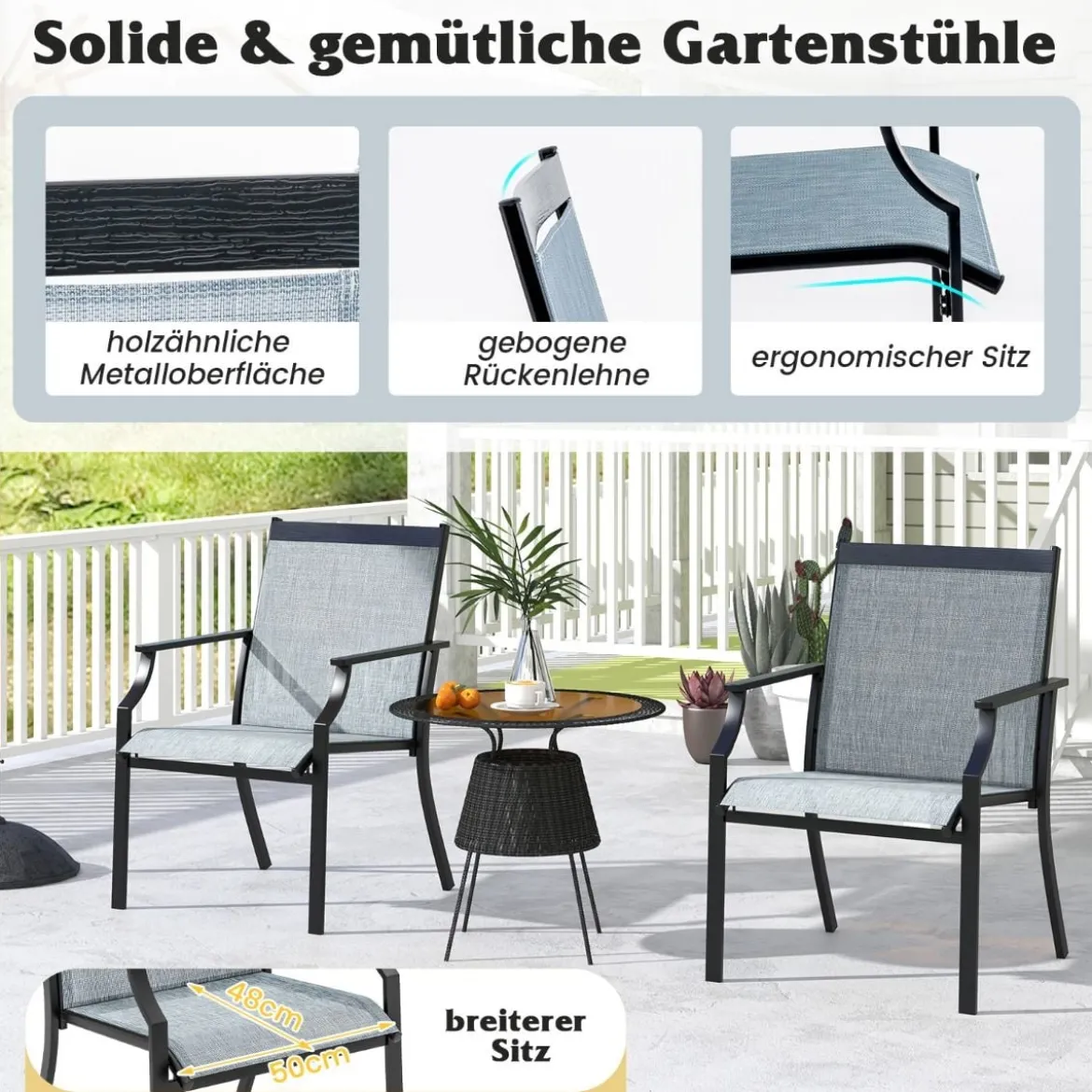 2er Set Gartenstühle mit Atmungsaktiver Sitzfläche & Metallrahmen bis 150 kg Belastbar