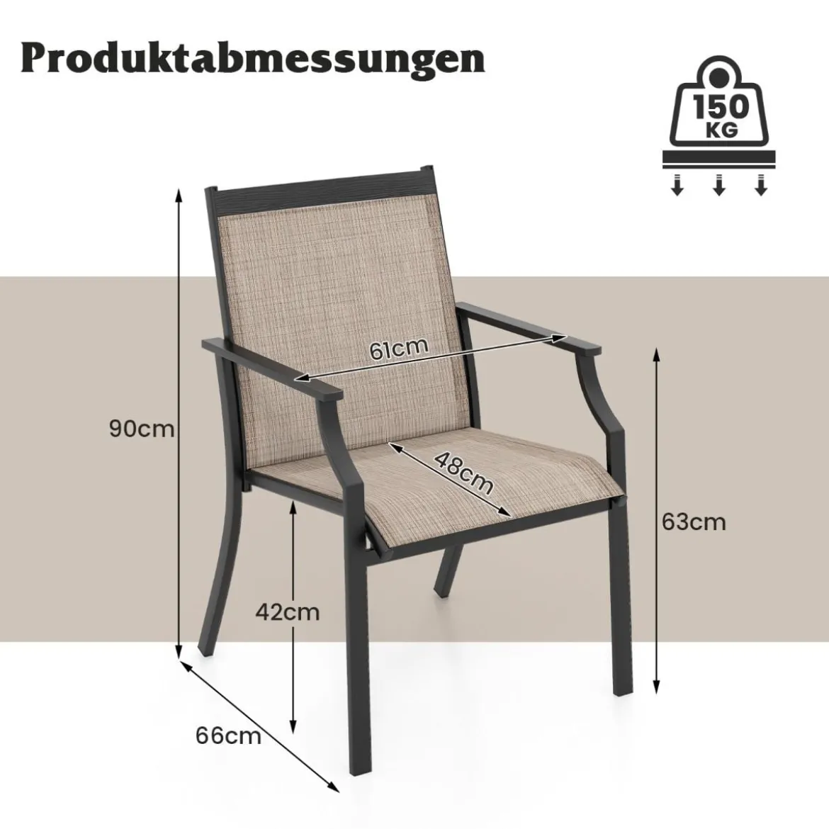 2er Set Gartenstühle mit Atmungsaktiver Sitzfläche & Metallrahmen bis 150 kg Belastbar