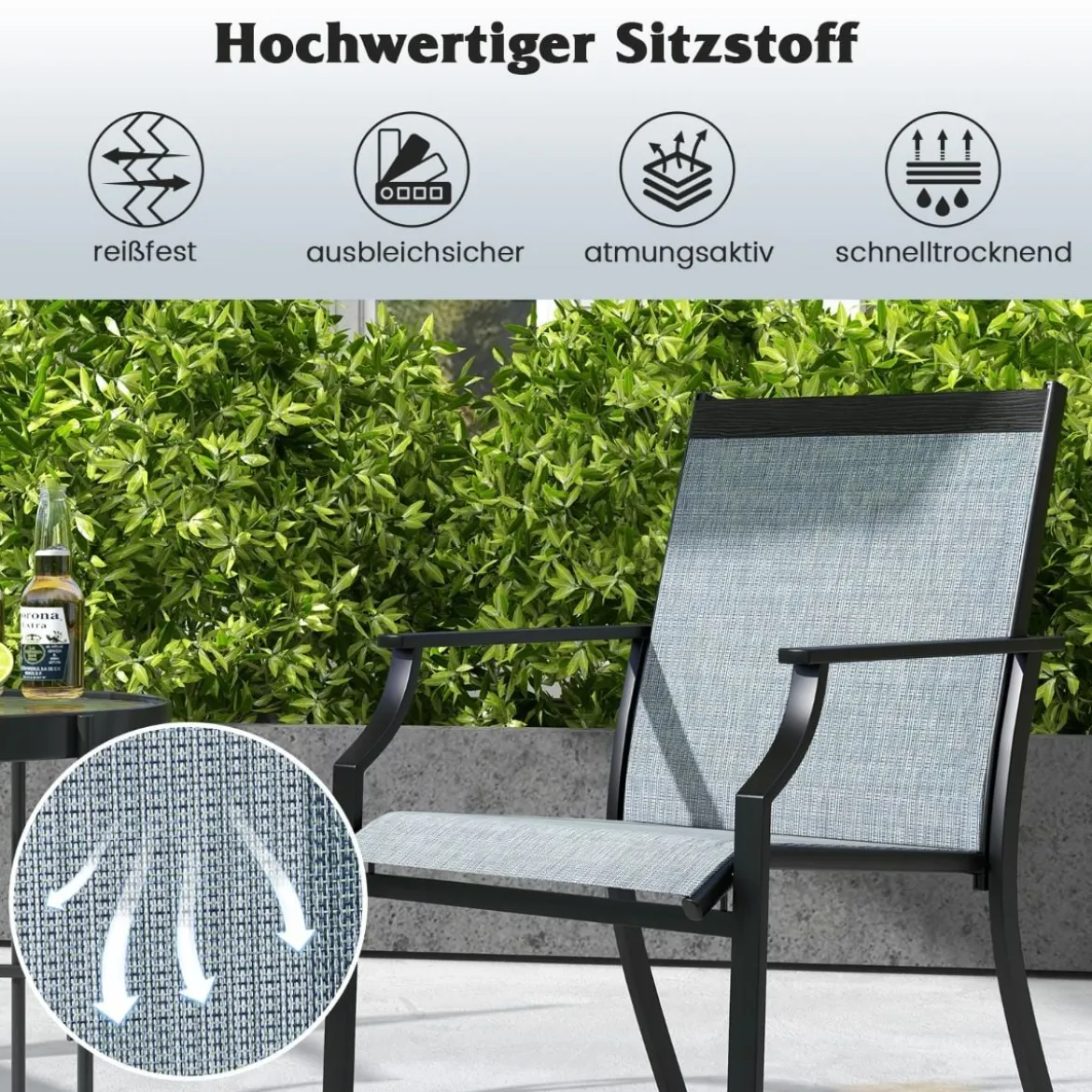 2er Set Gartenstühle mit Atmungsaktiver Sitzfläche & Metallrahmen bis 150 kg Belastbar