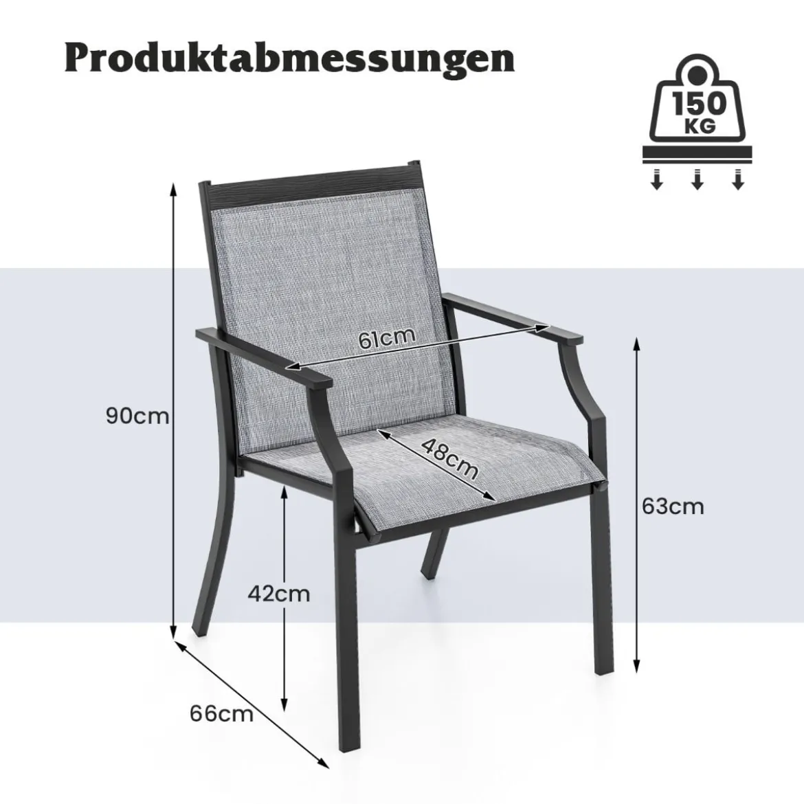 2er Set Gartenstühle mit Atmungsaktiver Sitzfläche & Metallrahmen bis 150 kg Belastbar
