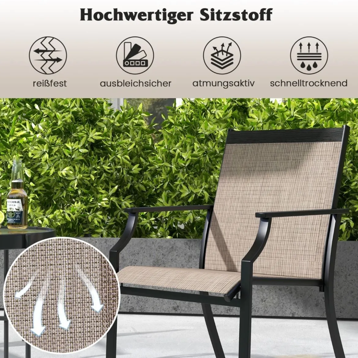 2er Set Gartenstühle mit Atmungsaktiver Sitzfläche & Metallrahmen bis 150 kg Belastbar