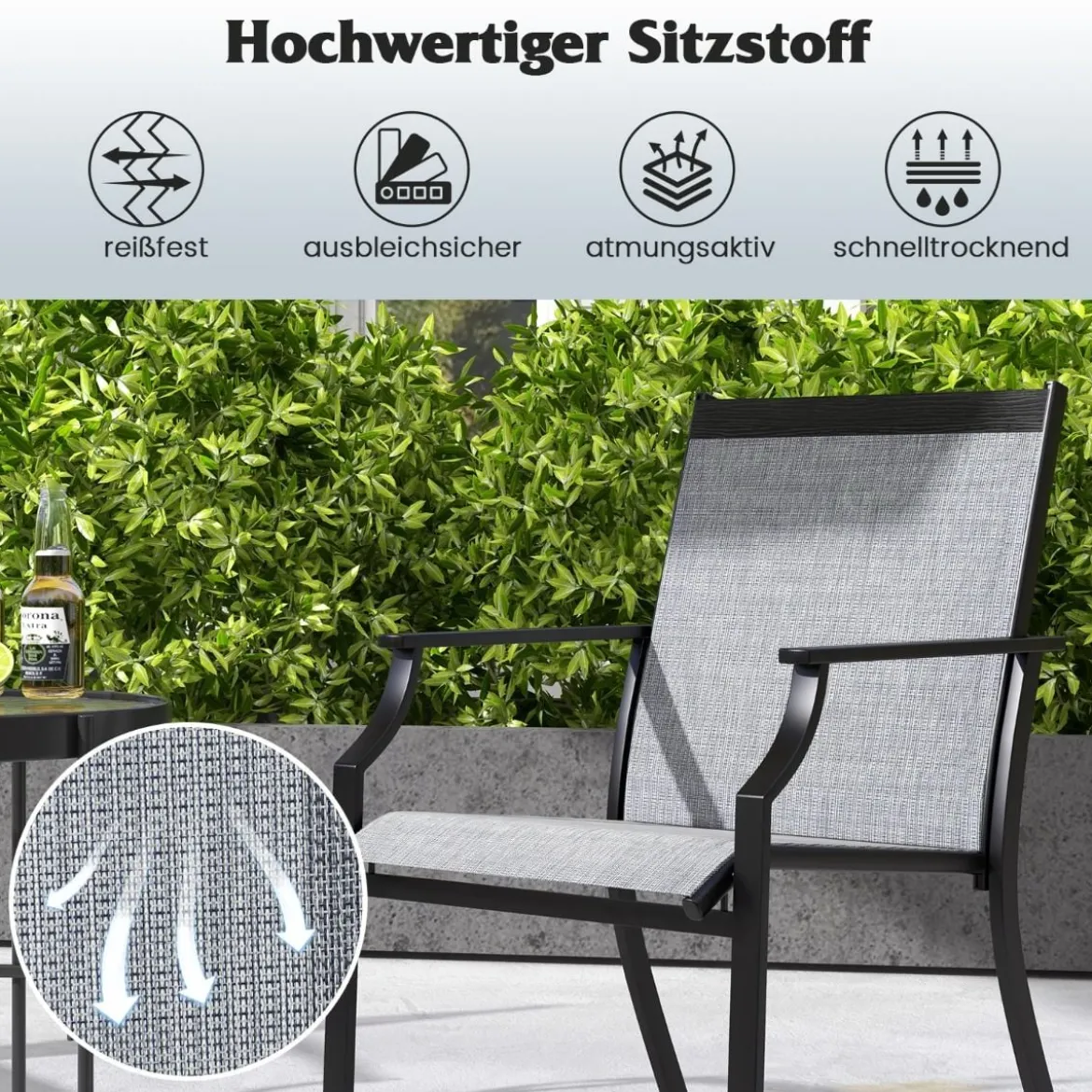 2er Set Gartenstühle mit Atmungsaktiver Sitzfläche & Metallrahmen bis 150 kg Belastbar