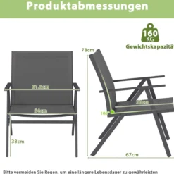 2er Set Gartenstühle mit Atmungsaktivem Stoff Balkonstühle Terrassenstühle Grau