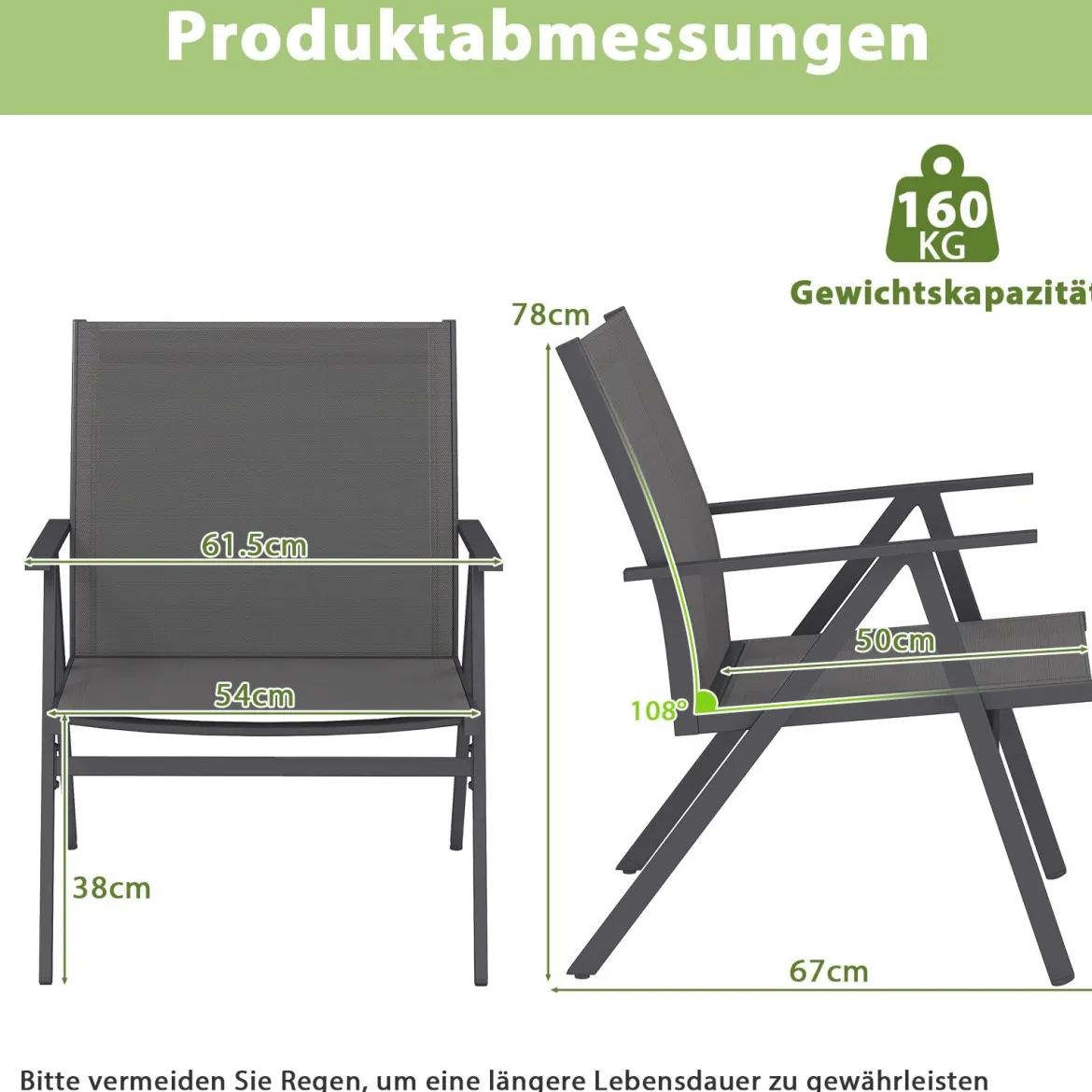 2er Set Gartenstühle mit Atmungsaktivem Stoff Balkonstühle Terrassenstühle Grau