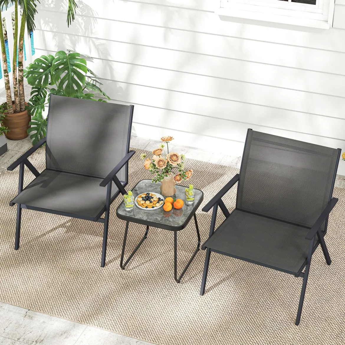 2er Set Gartenstühle mit Atmungsaktivem Stoff Balkonstühle Terrassenstühle Grau