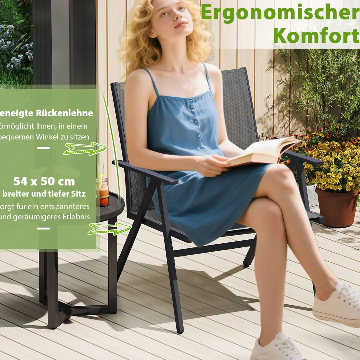 2er Set Gartenstühle mit Atmungsaktivem Stoff Balkonstühle Terrassenstühle Grau