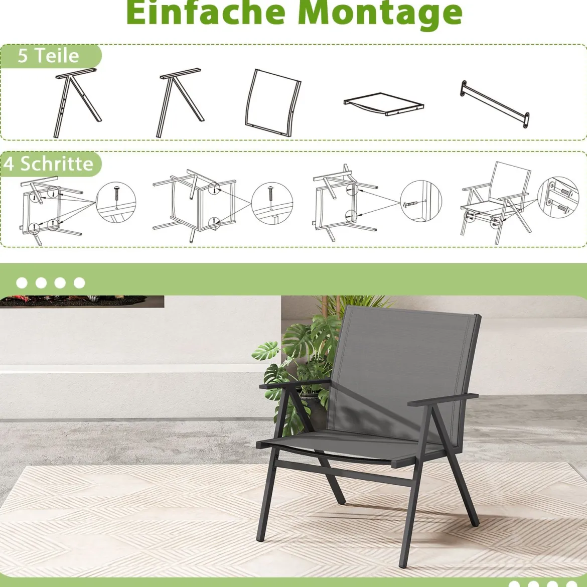 2er Set Gartenstühle mit Atmungsaktivem Stoff Balkonstühle Terrassenstühle Grau