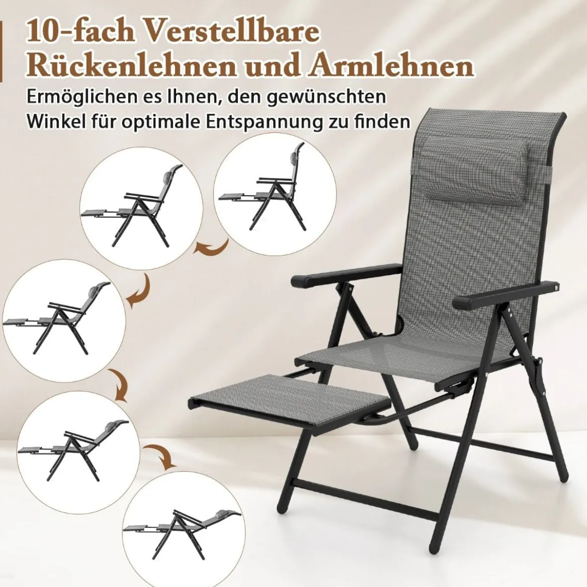 2er Set Gartenstühle mit ausziehbarer Fußstütze Hochlehner Klappstühle mit 10-fach verstellbarer Rückenlehne
