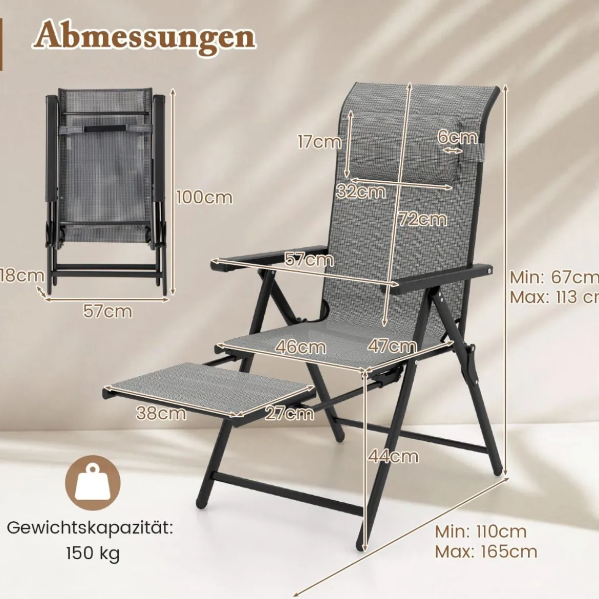 2er Set Gartenstühle mit ausziehbarer Fußstütze Hochlehner Klappstühle mit 10-fach verstellbarer Rückenlehne