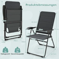 2er Set Gartenstühle mit 7-fach Verstellbarer Rückenlehne Klappstühle Balkonstühle Grau