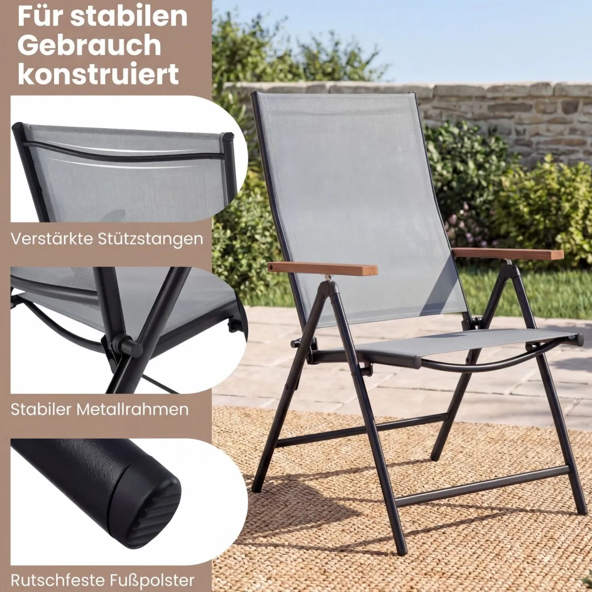 4er Set Gartenstühle mit 5-Fach Verstellbarer Rückenlehne Klappbare Balkonstühle bis 150 kg Grau