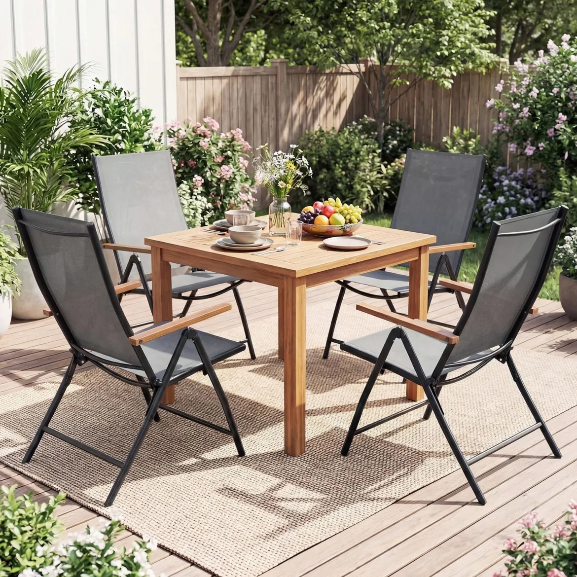 4er Set Gartenstühle mit 5-Fach Verstellbarer Rückenlehne Klappbare Balkonstühle bis 150 kg Grau