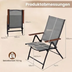 4er Set Gartenstühle mit 5-Fach Verstellbarer Rückenlehne Klappbare Balkonstühle bis 150 kg Grau