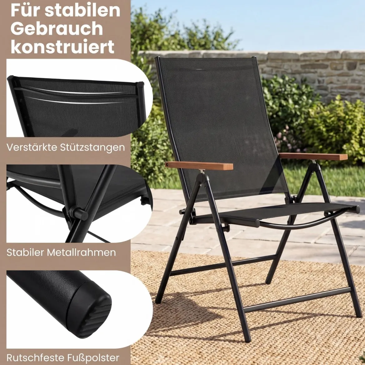 4er Set Gartenstühle mit 5-Fach Verstellbarer Rückenlehne Klappbare Balkonstühle bis 150 kg