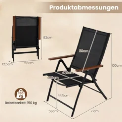 4er Set Gartenstühle mit 5-Fach Verstellbarer Rückenlehne Klappbare Balkonstühle bis 150 kg