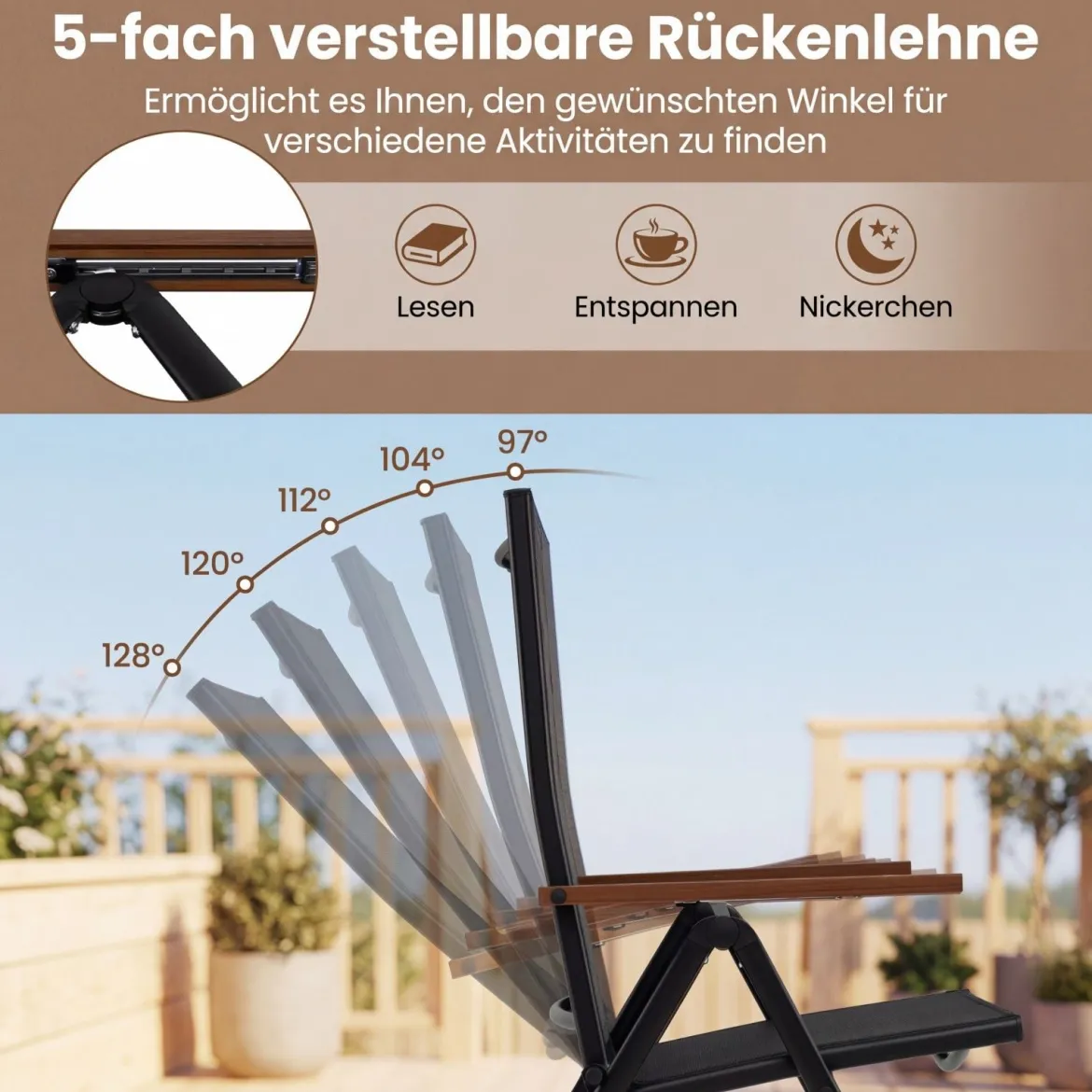 2er Set Gartenstühle mit 5-Fach Verstellbarer Rückenlehne Klappbare Balkonstühle bis 150 kg