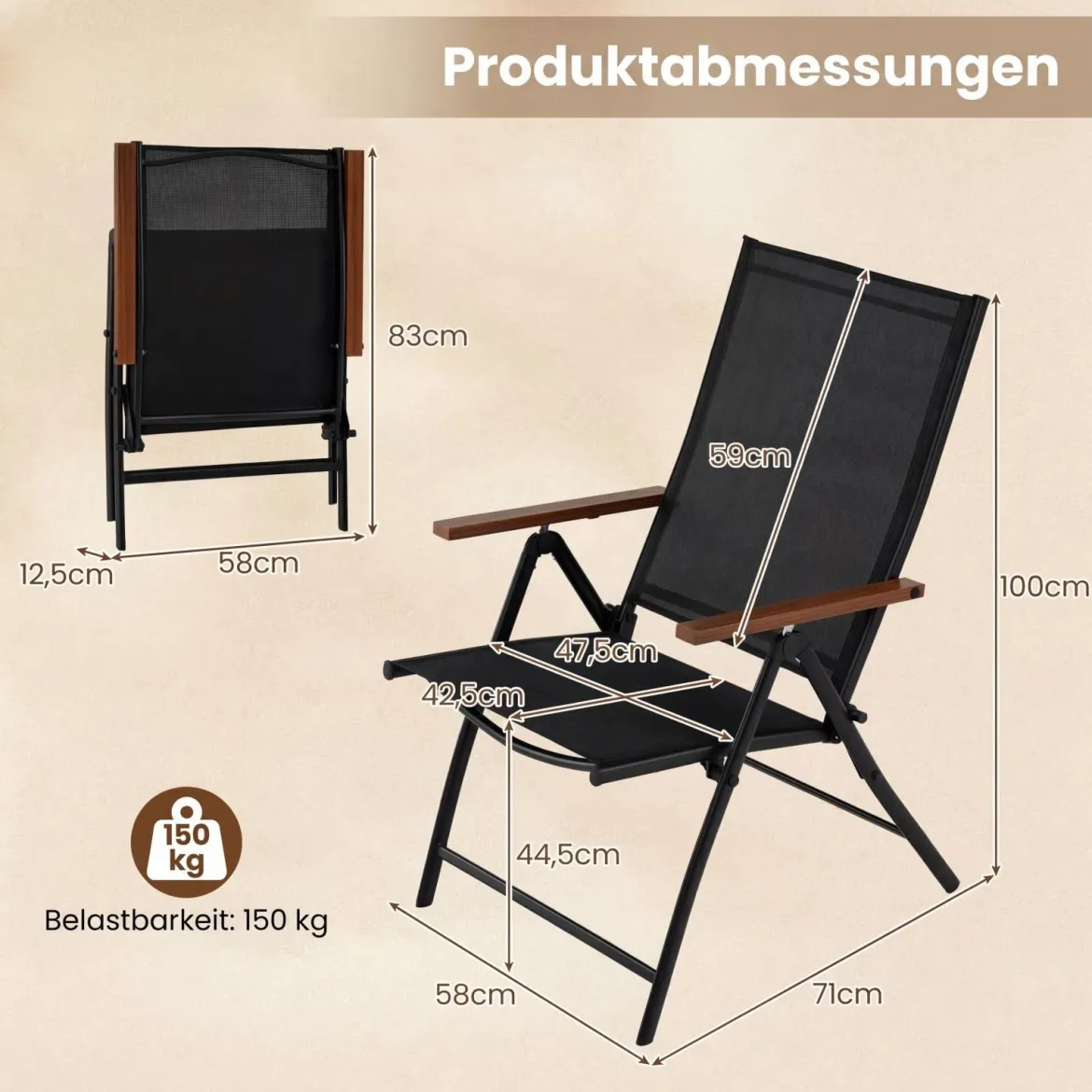 2er Set Gartenstühle mit 5-Fach Verstellbarer Rückenlehne Klappbare Balkonstühle bis 150 kg