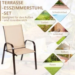 2er Set Gartenstühle mit Gebogenen Armlehnen & Verstärktem Metallrahmen Outdoor Bistrostühle