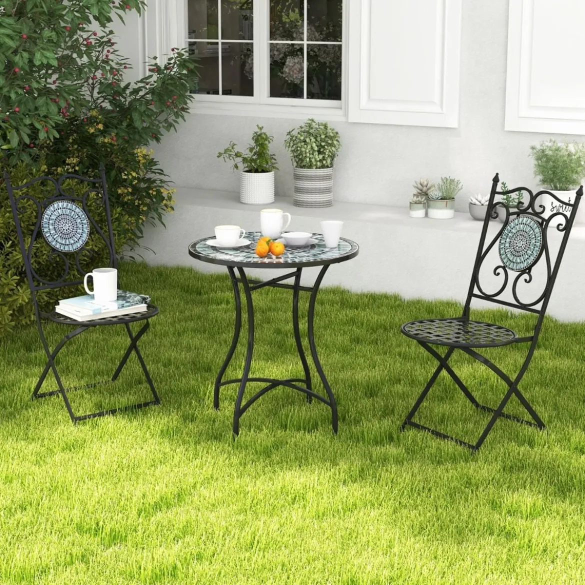 2er Set Gartenstühle mit Metallgestell Mosaik Klappstühle Terrassenstühle 55 x 42 x 94 cm