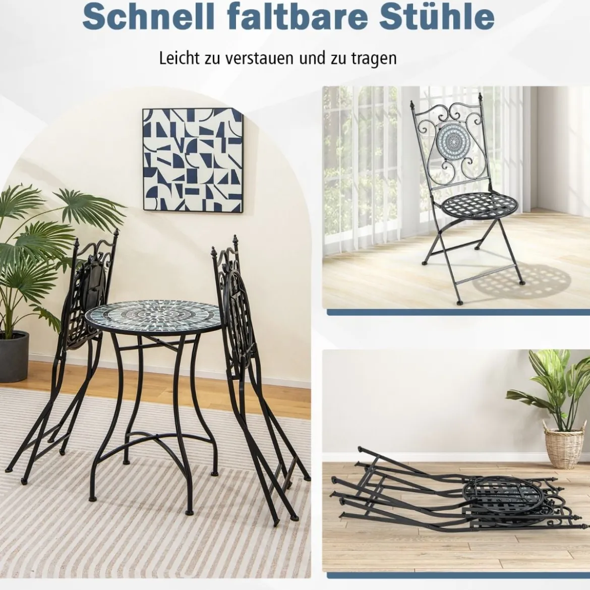 2er Set Gartenstühle mit Metallgestell Mosaik Klappstühle Terrassenstühle 55 x 42 x 94 cm