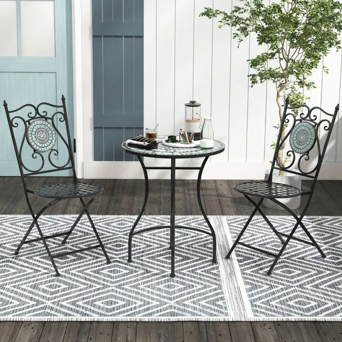 2er Set Gartenstühle mit Metallgestell Mosaik Klappstühle Terrassenstühle 55 x 42 x 94 cm