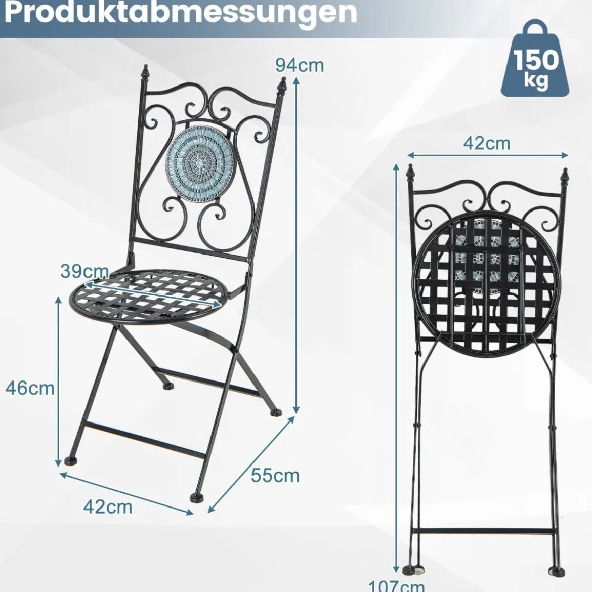 2er Set Gartenstühle mit Metallgestell Mosaik Klappstühle Terrassenstühle 55 x 42 x 94 cm
