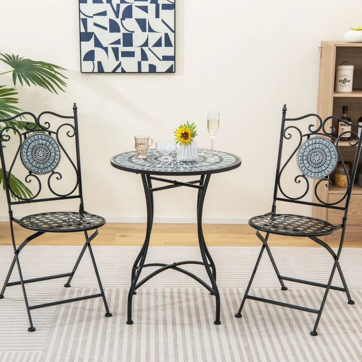 2er Set Gartenstühle mit Metallgestell Mosaik Klappstühle Terrassenstühle 55 x 42 x 94 cm
