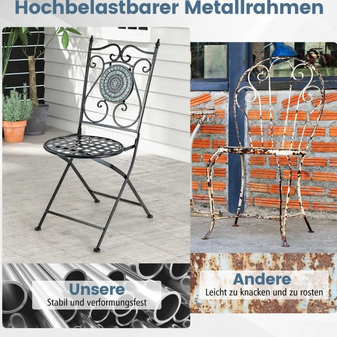 2er Set Gartenstühle mit Metallgestell Mosaik Klappstühle Terrassenstühle 55 x 42 x 94 cm
