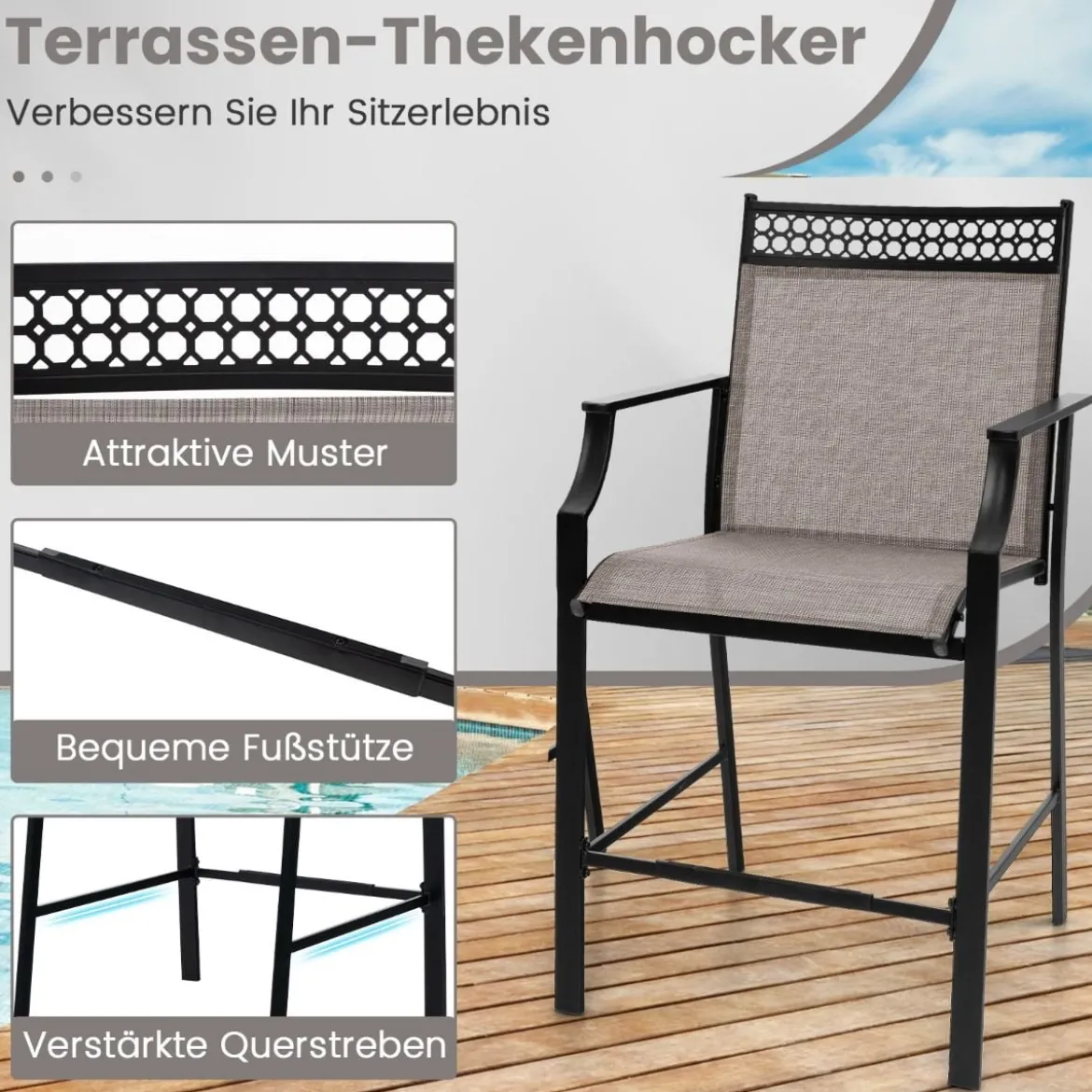2er Set Gartenstühle mit Schnell Trocknendem Stoff Hohe Terrassenstühle Balkonstühle