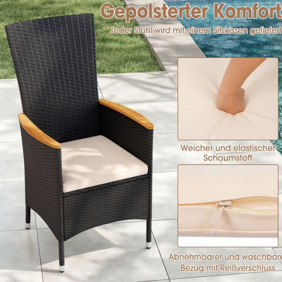 4er Set Gartenstühle mit Sitzkissen & Hochlehner Rattan Gartensessel bis 180 kg Belastbar Beige