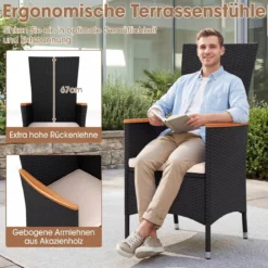 4er Set Gartenstühle mit Sitzkissen & Hochlehner Rattan Gartensessel bis 180 kg Belastbar Beige