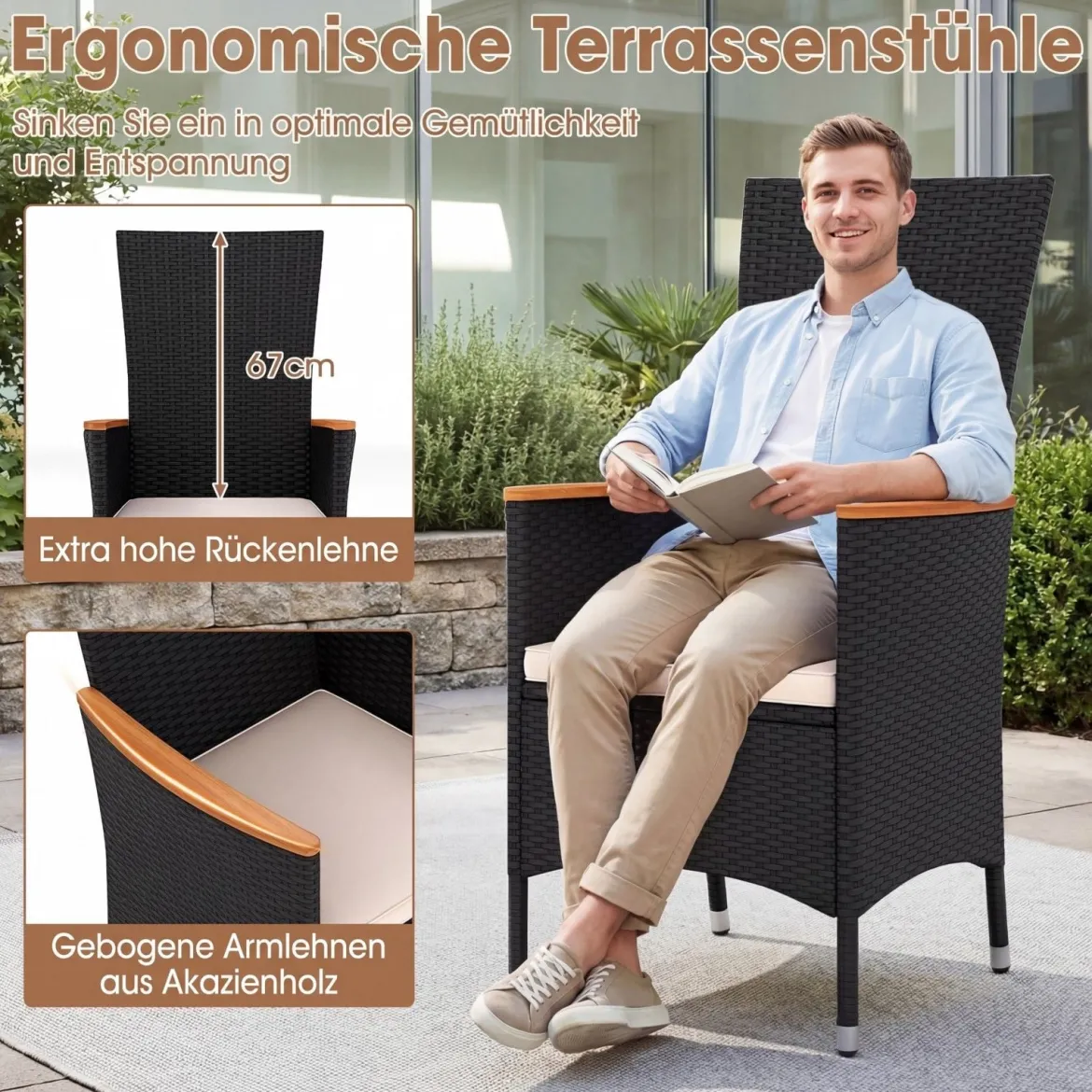 4er Set Gartenstühle mit Sitzkissen & Hochlehner Rattan Gartensessel bis 180 kg Belastbar Beige