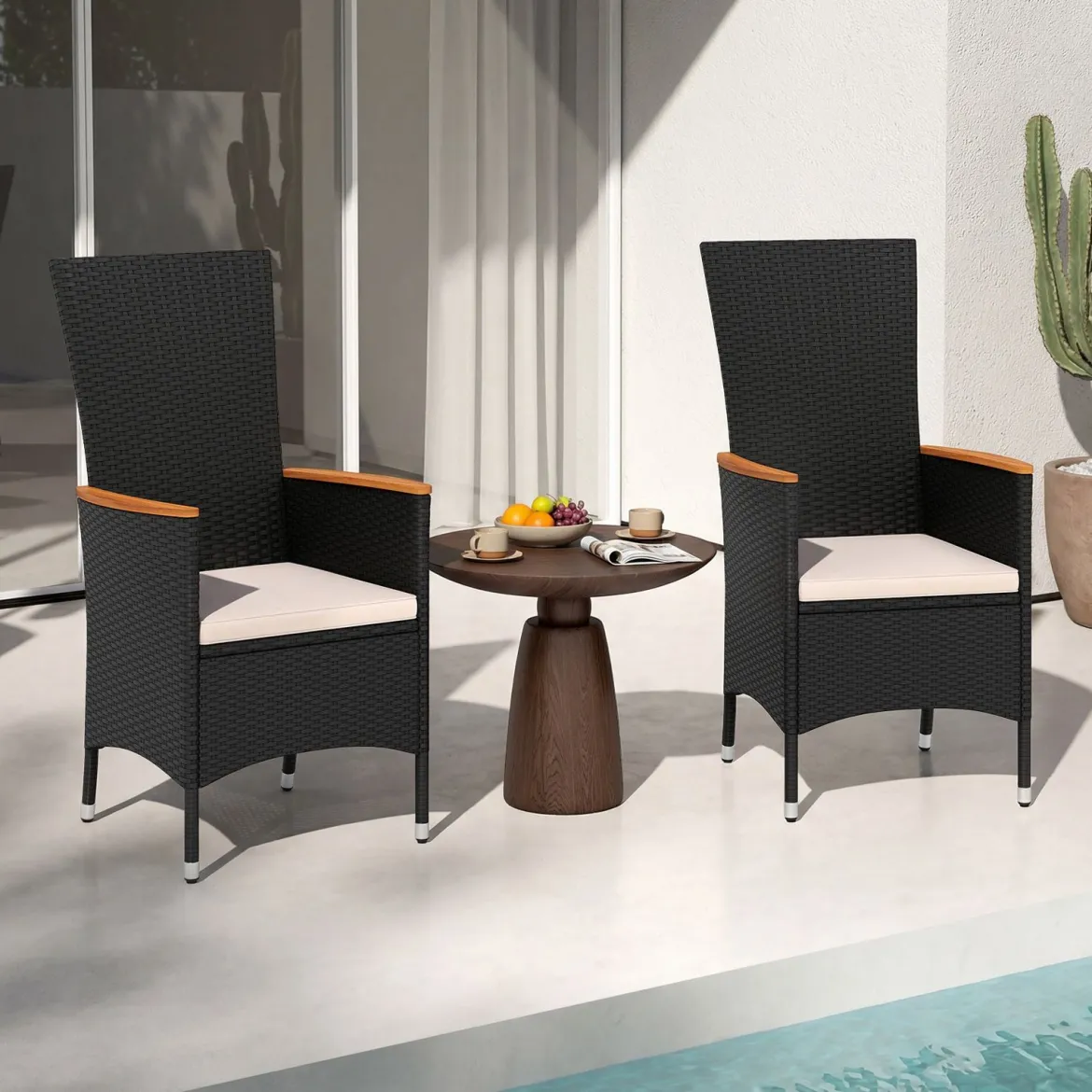 4er Set Gartenstühle mit Sitzkissen & Hochlehner Rattan Gartensessel bis 180 kg Belastbar Beige