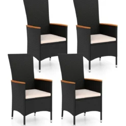 4er Set Gartenstühle mit Sitzkissen & Hochlehner Rattan Gartensessel bis 180 kg Belastbar Beige