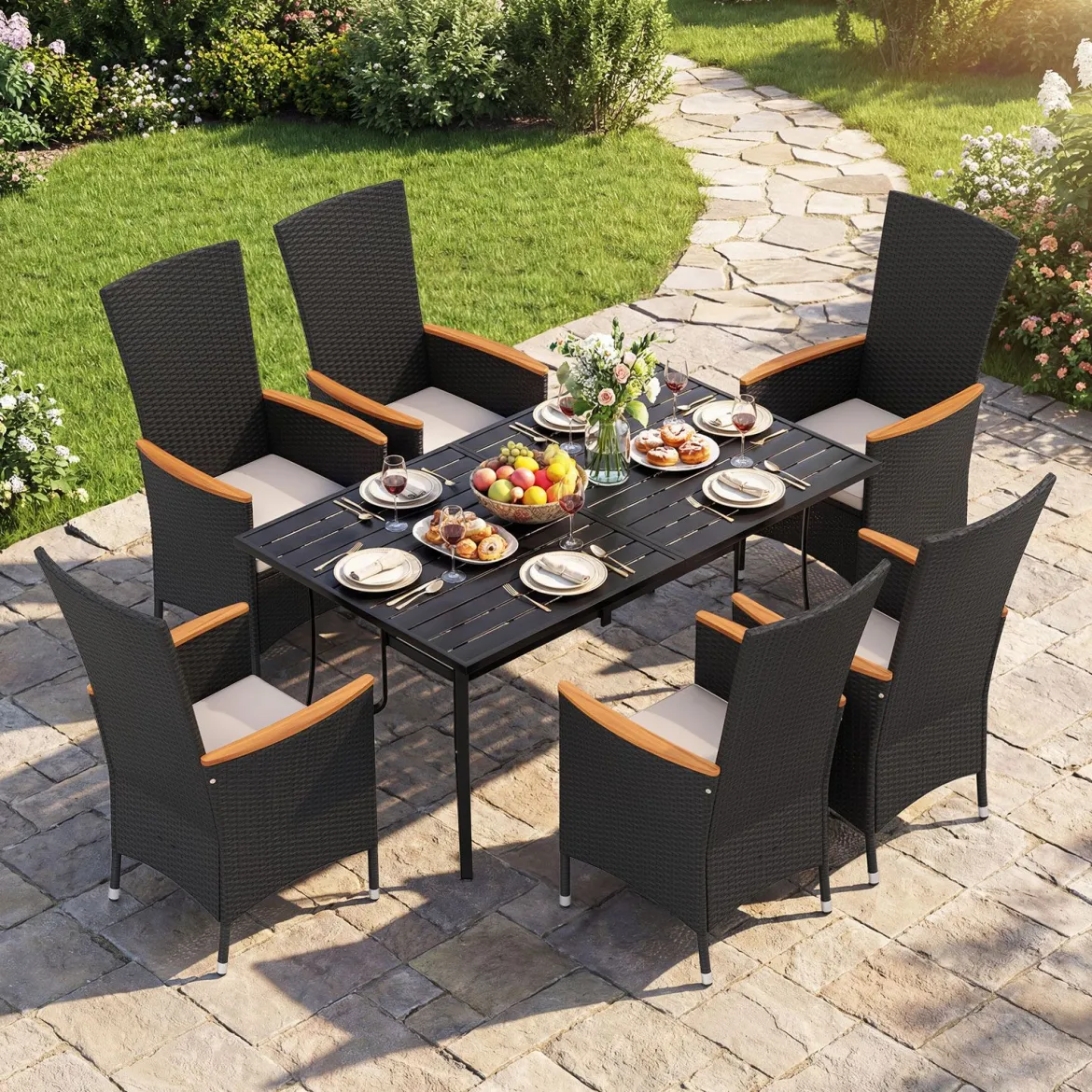 4er Set Gartenstühle mit Sitzkissen & Hochlehner Rattan Gartensessel bis 180 kg Belastbar Beige