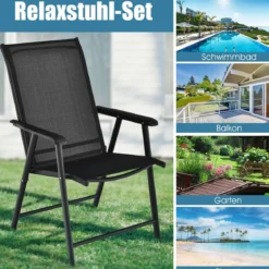 2er Set Gartenstühle mit Wetterfestem Stoff Hochlehner Klappstühle Balkonstühle Schwarz
