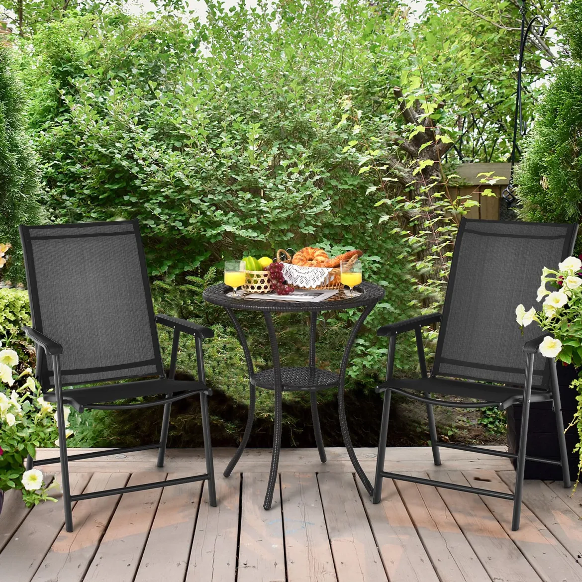 2er Set Gartenstühle mit Wetterfestem Stoff Hochlehner Klappstühle Balkonstühle Schwarz