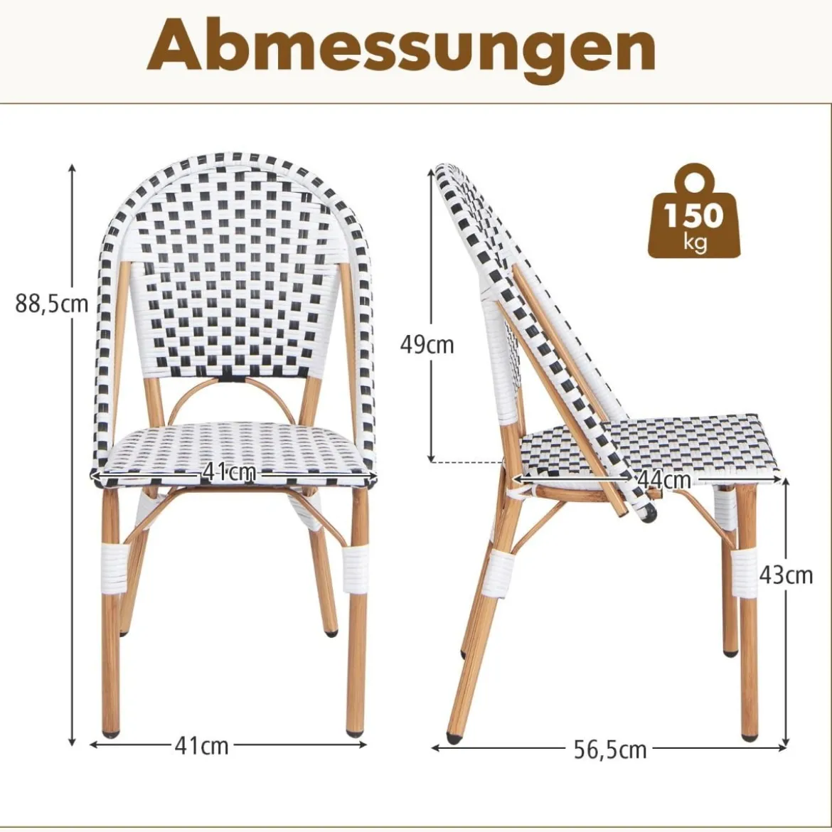 2er Set Gartenstühle Rattan Terrassenstühle ohne Armlehnen Balkonstühle 56,5 x 41 x 88,5 cm