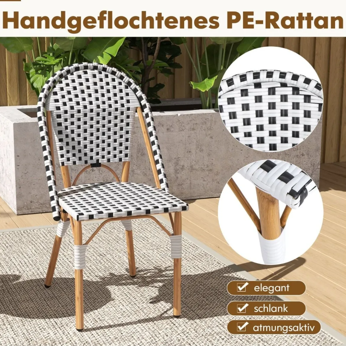 2er Set Gartenstühle Rattan Terrassenstühle ohne Armlehnen Balkonstühle 56,5 x 41 x 88,5 cm